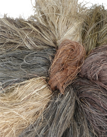 Professional natural fibers including 10 oz. jute, sisal, and raffia for custom camouflage garnishing.